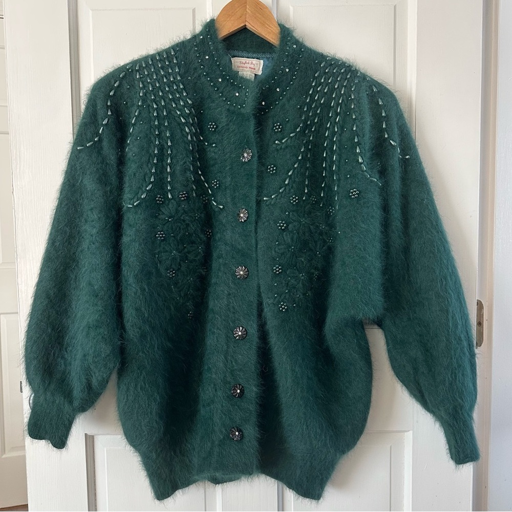 Exclusively Misook Vintage Green Angora Wool Cardigan Jacket Beaded One Size XL